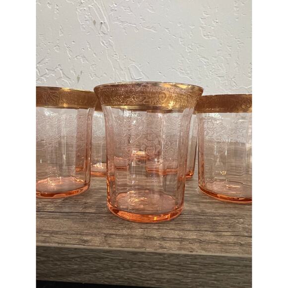 Vintage Tiffin Franciscan Rambler Rose Pink Etched Gold Rim Glasses Set of 6 - Picture 1 of 11